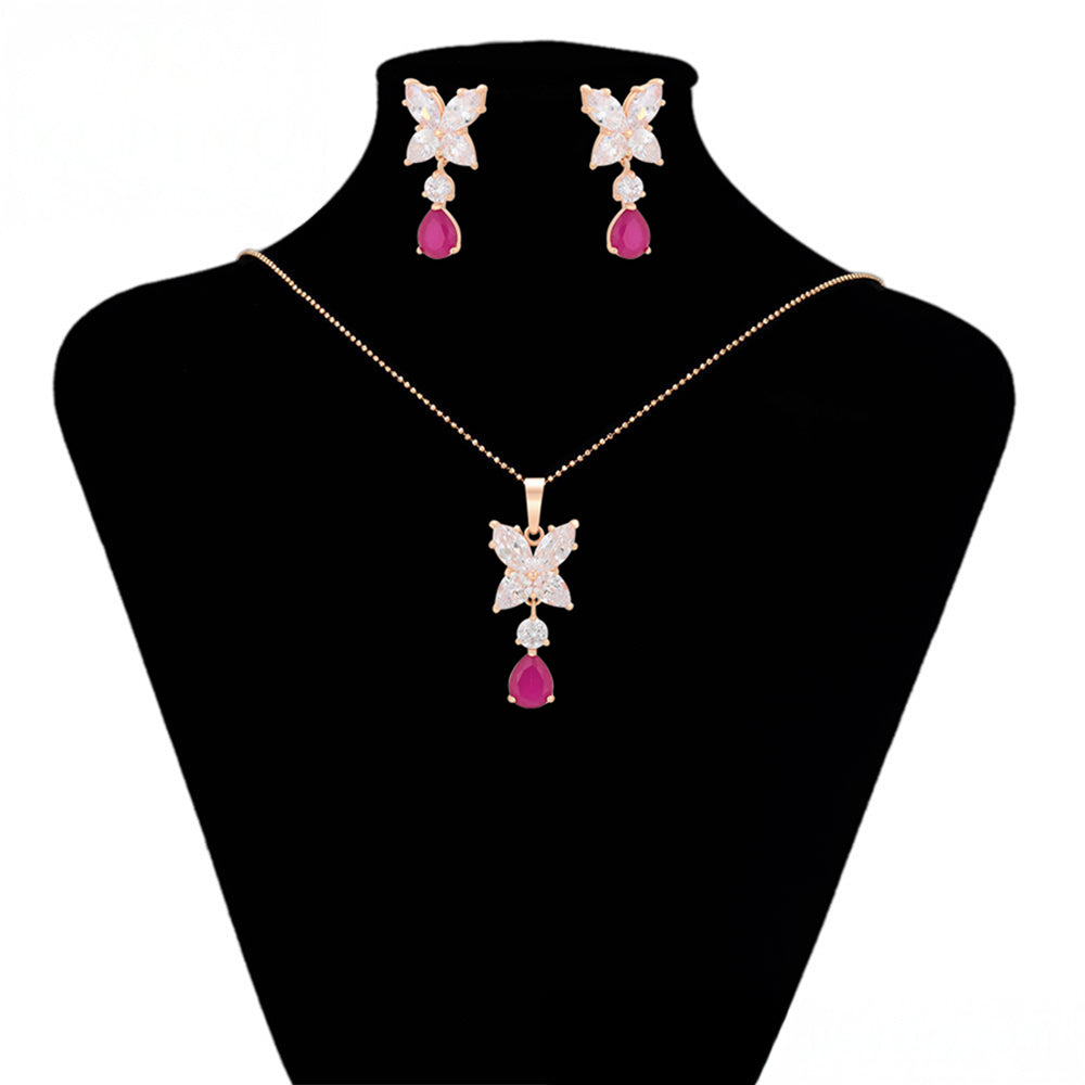 Pozlátené Zliatinové Sada s Ružovým Emporia® Krištáľom a Bielym Emporia® Krištáľom ( Náušnice+Prívesok ) 3 