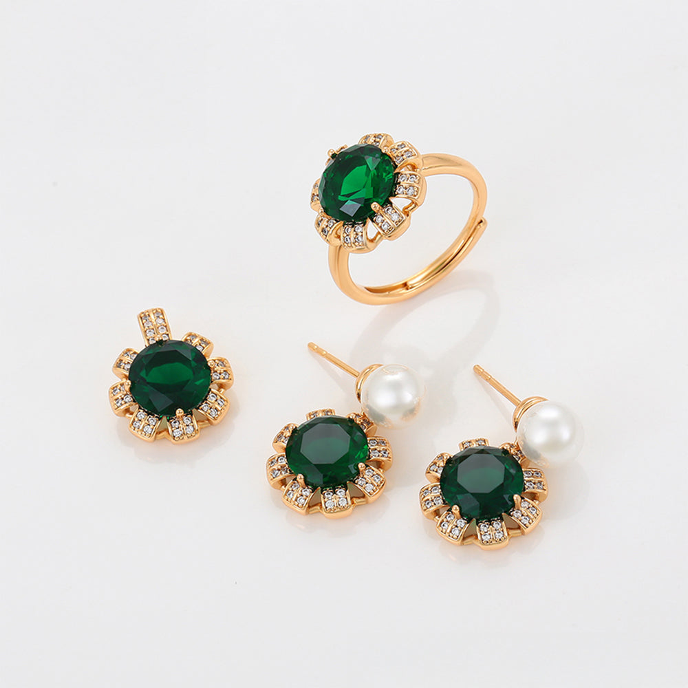 Pozlátené Zliatinové Sada s so Zeleným Emporia® Krištáľom a Sklenená perla ( Náušnice+Prsteň +Prívesok ) 1 