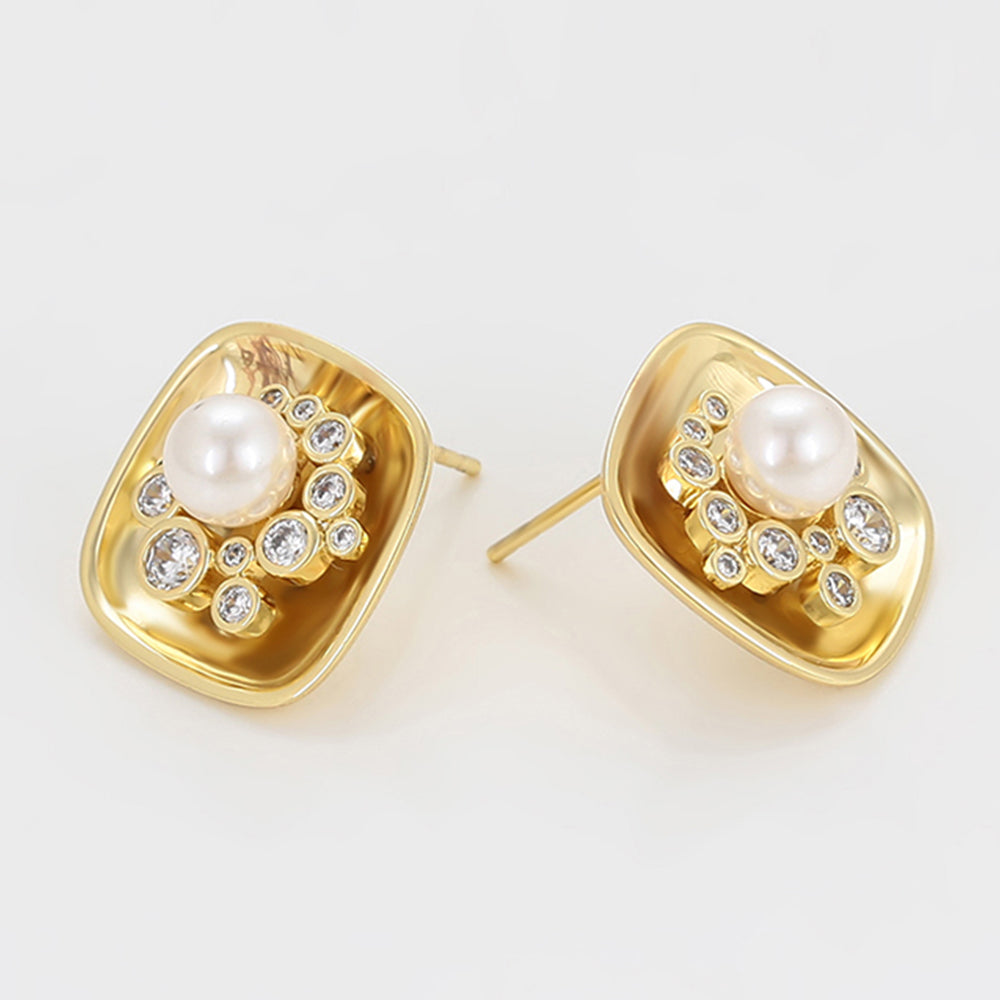 Pozlátené Zliatinové Náušnice s Sklenená perla a Bielym Emporia® Krištáľom