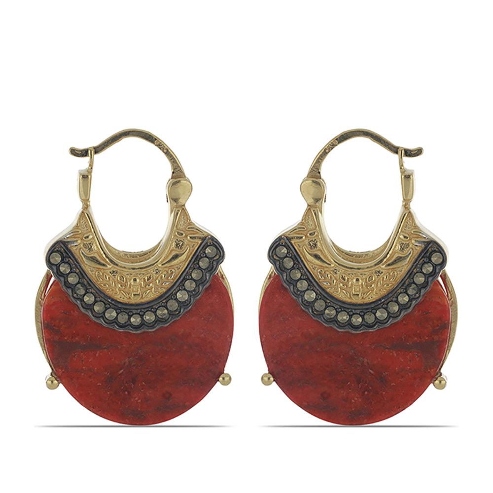 Pozlátené Strieborné Náušnice s Červeným Hubovitým Koralom a Markazitom