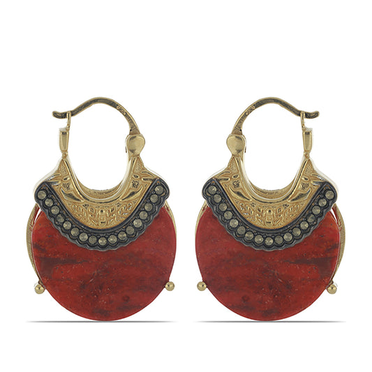 Pozlátené Strieborné Náušnice s Červeným Hubovitým Koralom a Markazitom