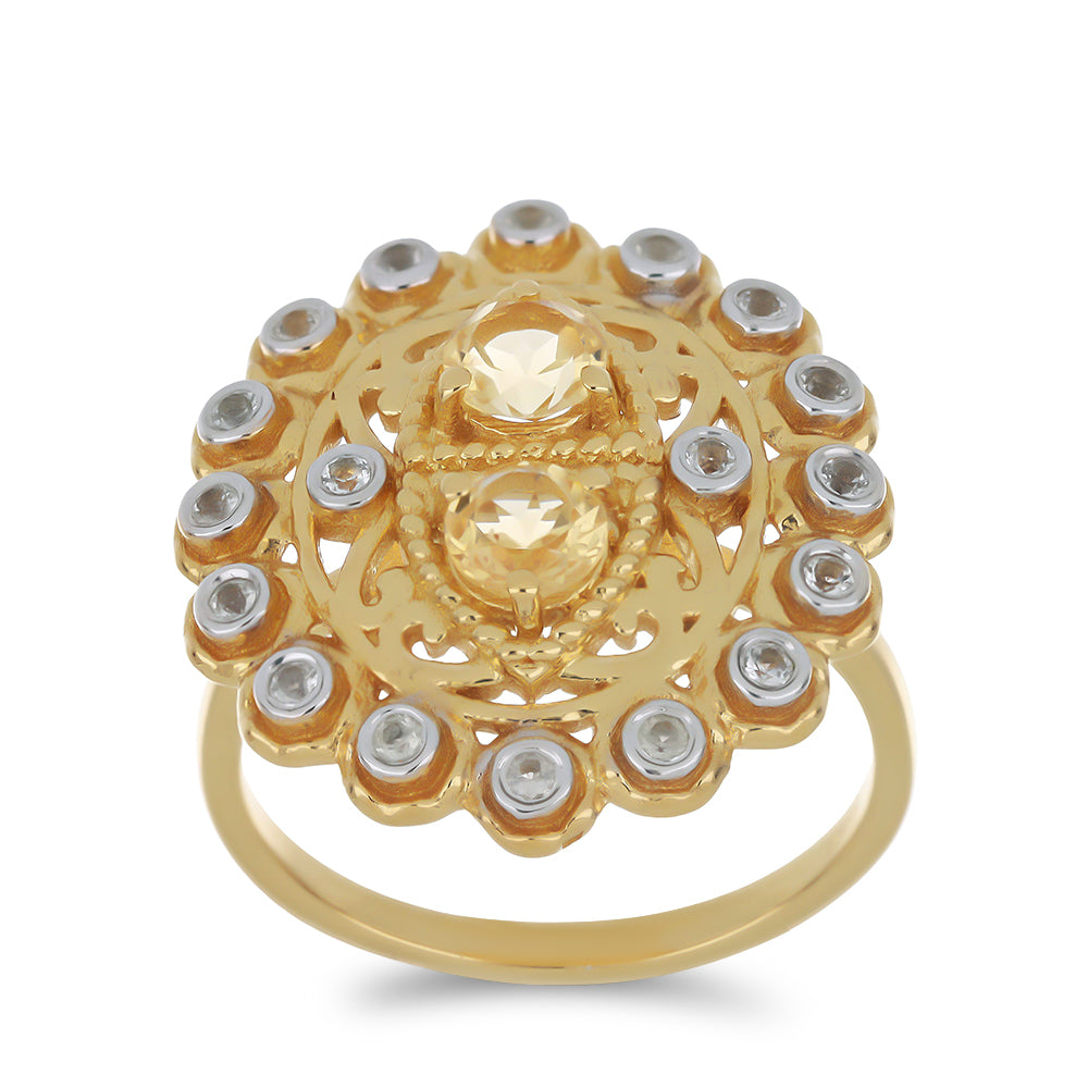 Pozlátený Strieborný Prsteň s Uralským Citrínom a Bielym Topásom