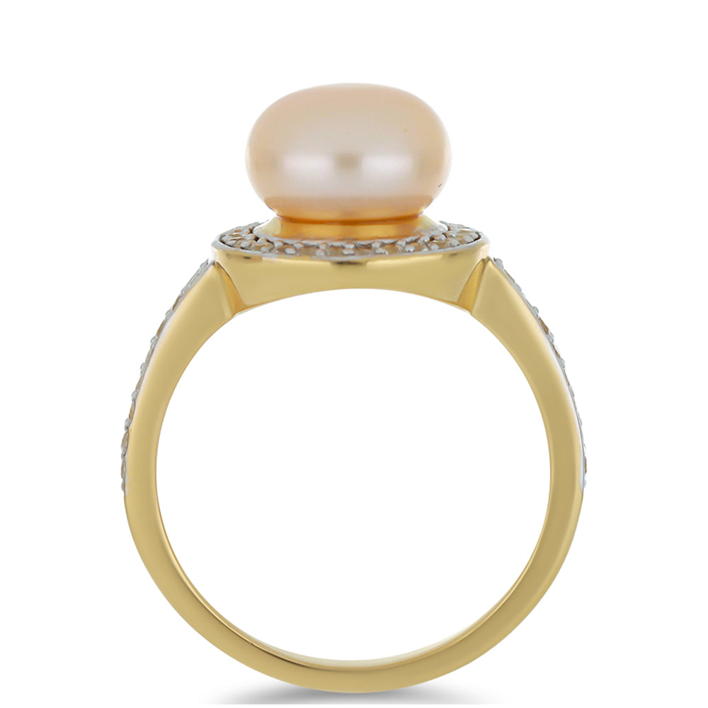 Pozlátený Strieborný Prsteň s so Broskyňovou Sladkovodnou Perlou a Bielym Topásom