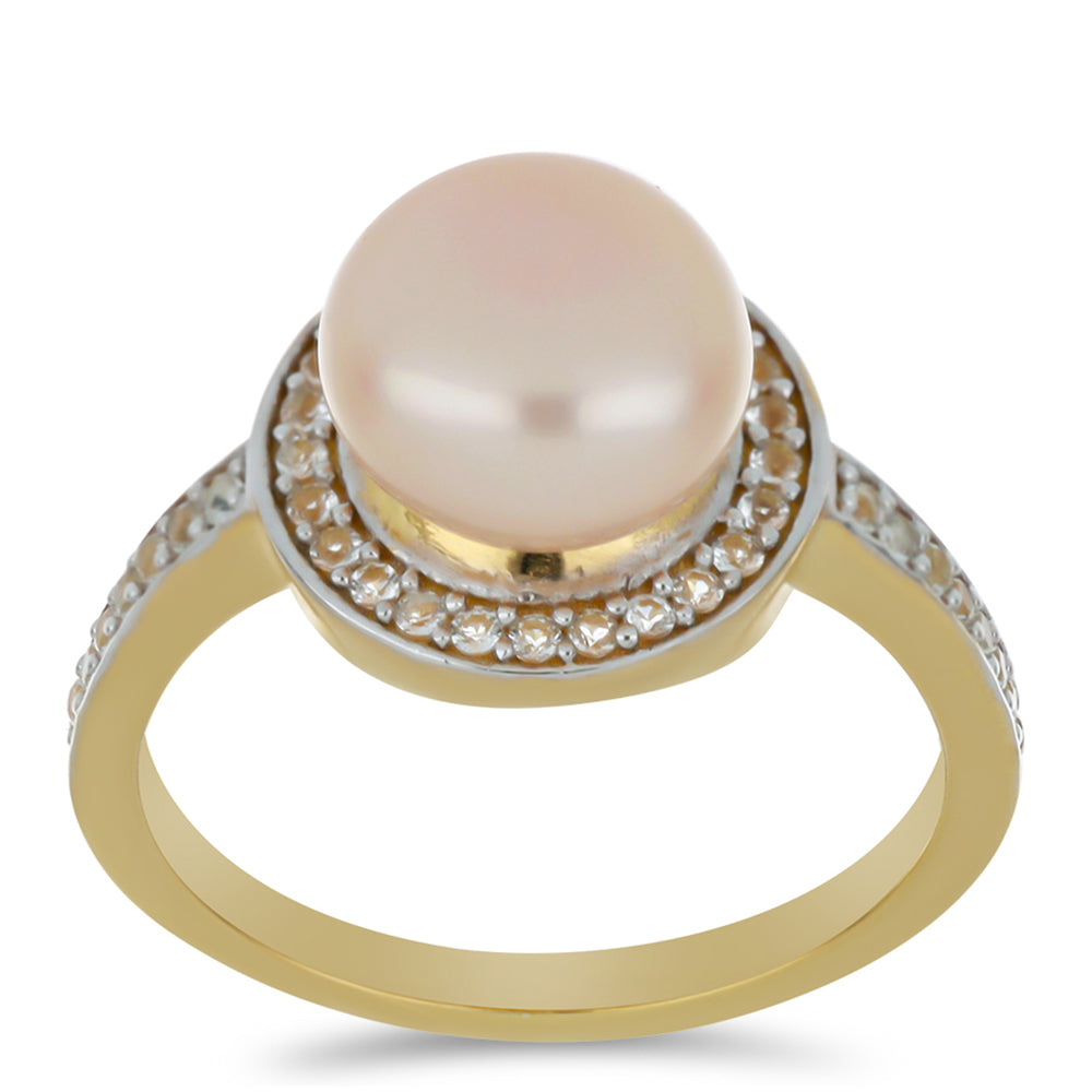 Pozlátený Strieborný Prsteň s so Broskyňovou Sladkovodnou Perlou a Bielym Topásom 3 