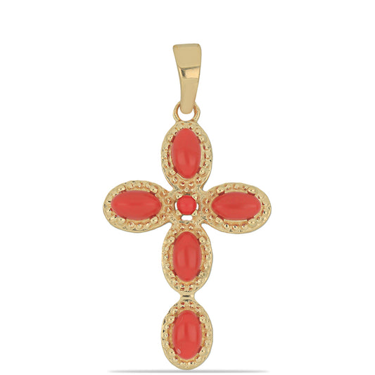 Kríž Pozlátený Strieborný Prívesok s Červeným Hubovitým Koralom