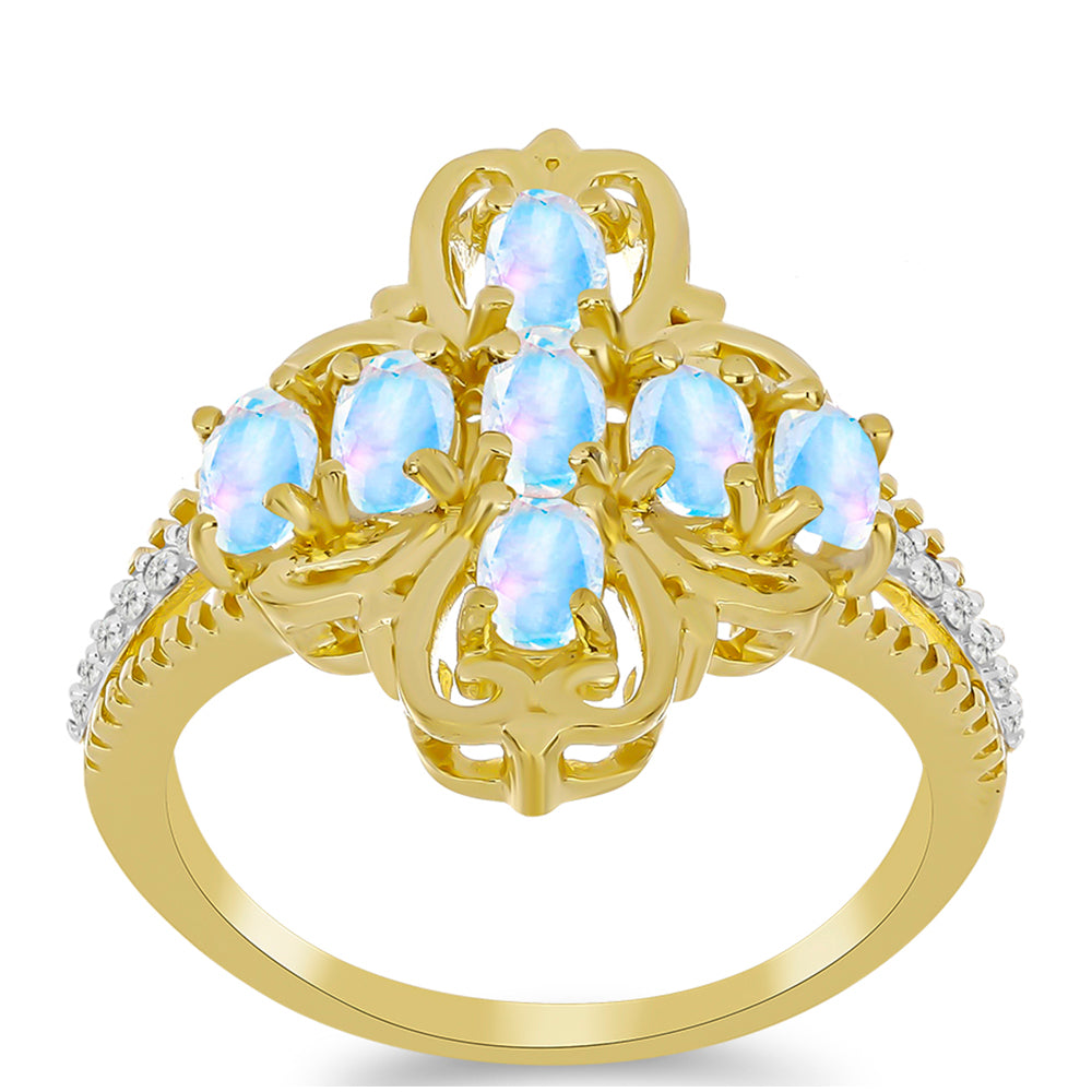 Pozlátený Strieborný Prsteň s Dúhovým Mesačným Kameňom a Bielym Topásom 3 