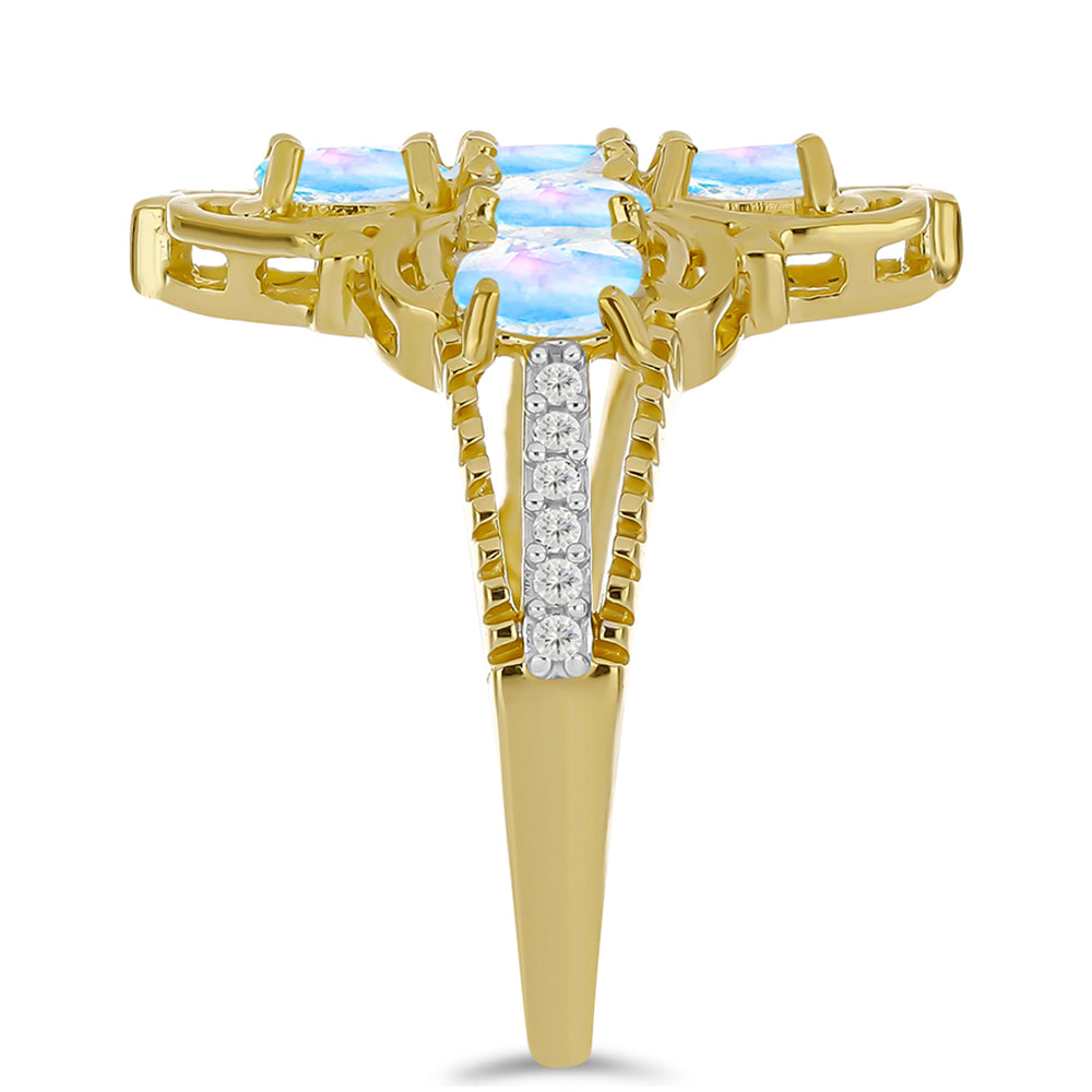 Pozlátený Strieborný Prsteň s Dúhovým Mesačným Kameňom a Bielym Topásom 4 