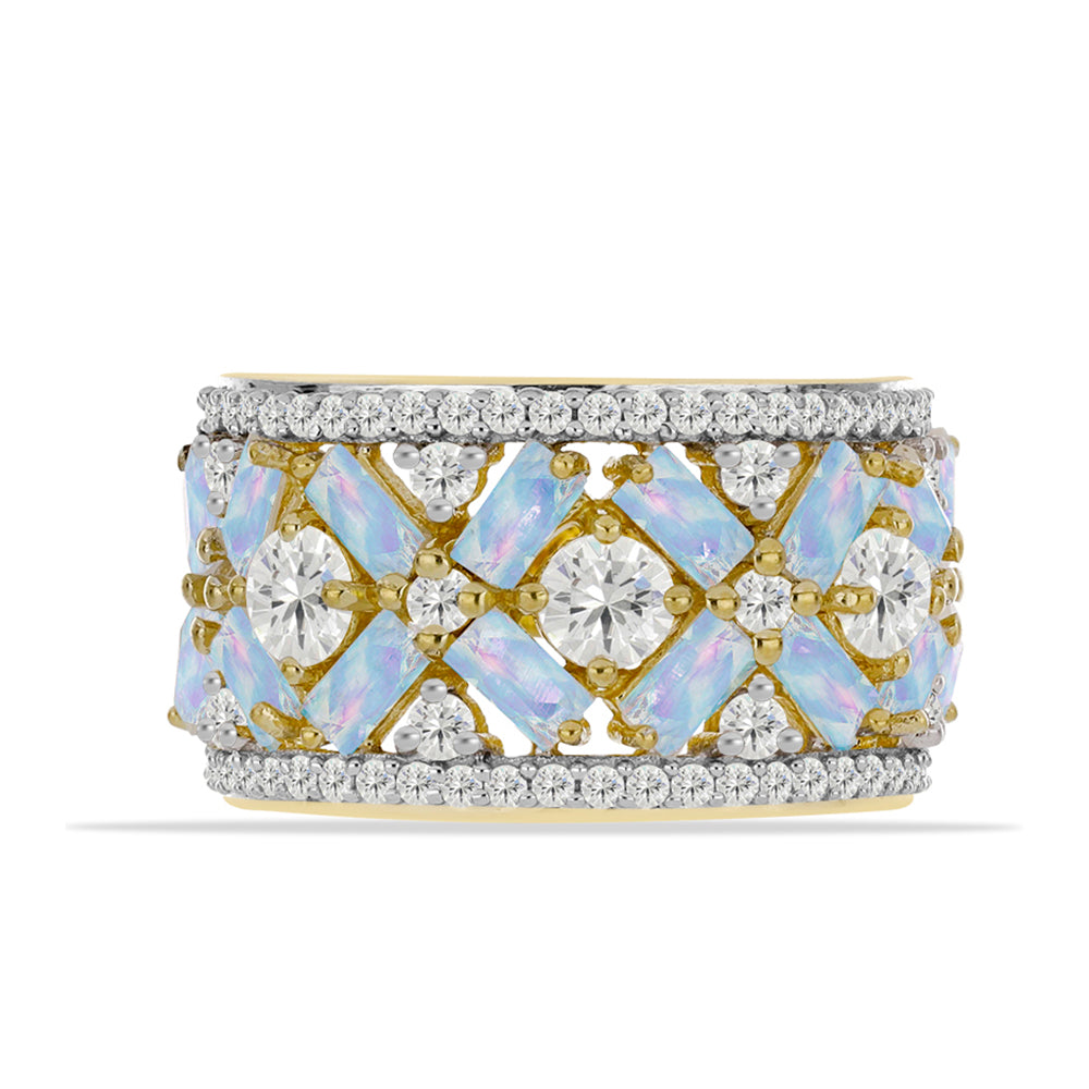 Pozlátený Strieborný Prsteň s Dúhovým Mesačným Kameňom a Bielym Topásom 1 