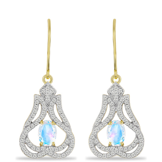 Pozlátené Strieborné Náušnice s Dúhovým Mesačným Kameňom a Bielym Topásom