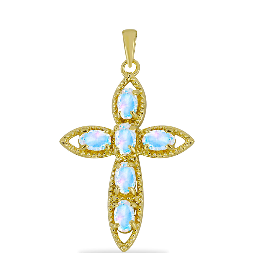 Kríž Pozlátený Strieborný Prívesok s Dúhovým Mesačným Kameňom 1 