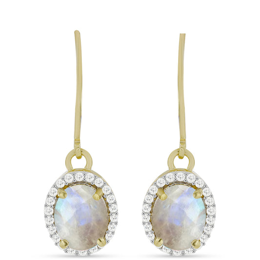 Pozlátené Strieborné Náušnice s Dúhovým Mesačným Kameňom a Bielym Topásom