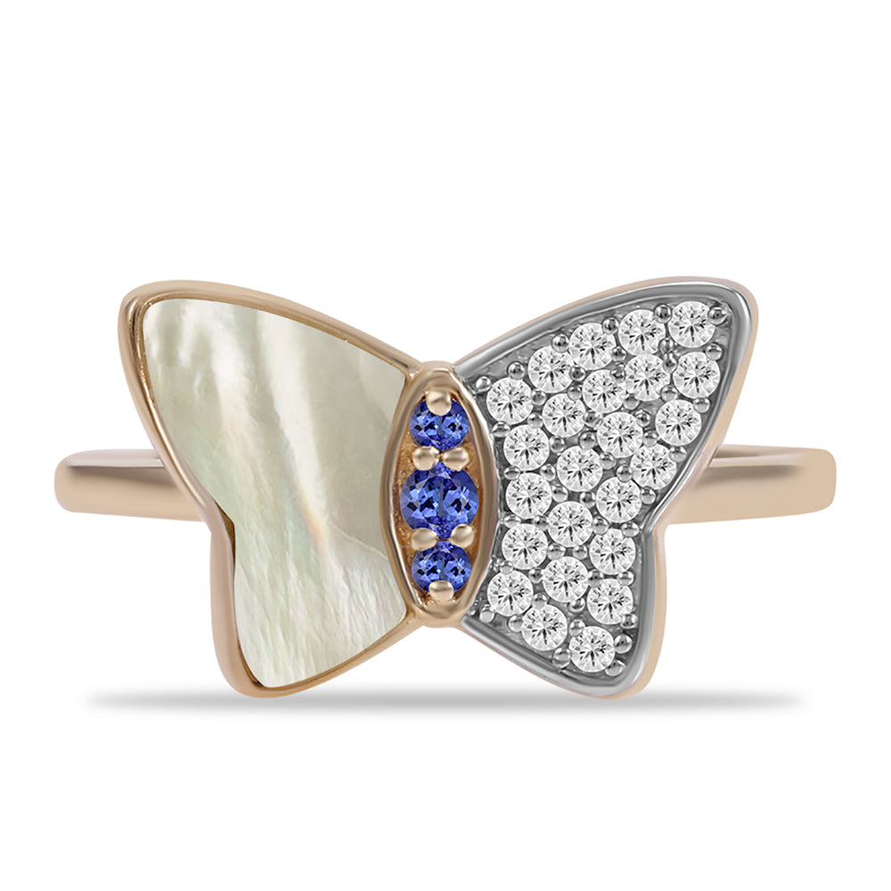 Pozlátený Strieborný Prsteň s AAA Tanzanitom a Lastúrou