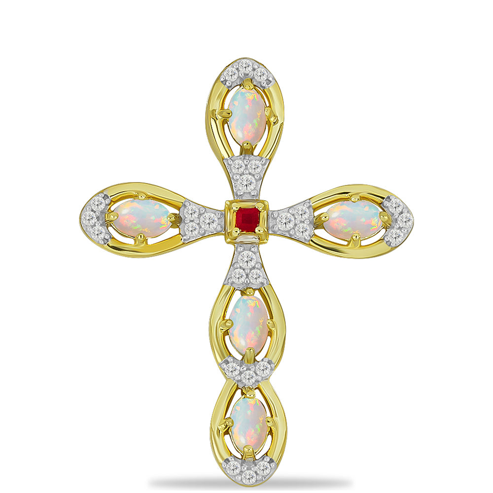 Kríž Pozlátený Strieborný Prívesok s Welo opálom a Madagaskarským Rubínom 1 