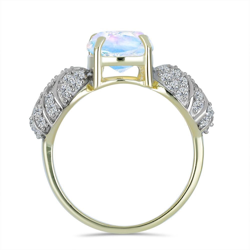 Pozlátený Strieborný Prsteň s Dúhovým Mesačným Kameňom a Bielym Topásom