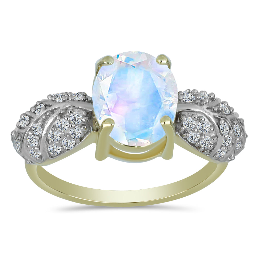 Pozlátený Strieborný Prsteň s Dúhovým Mesačným Kameňom a Bielym Topásom 3 