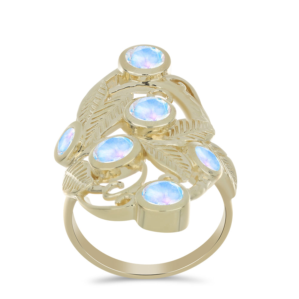 Pozlátený Strieborný Prsteň s Dúhovým Mesačným Kameňom 3 