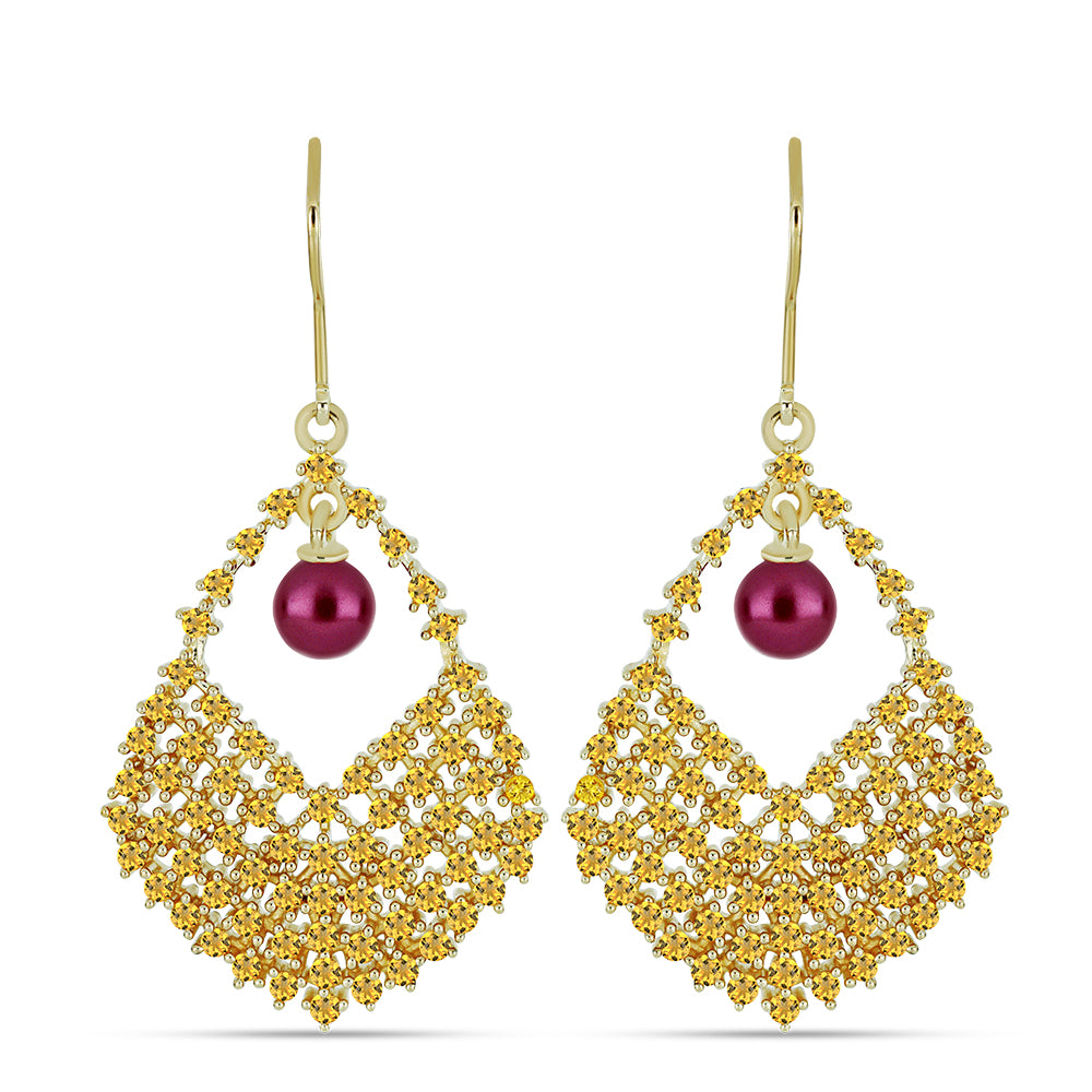 Pozlátené Strieborné Náušnice s so Fialová Sladkovodnou Perlou a Uralským Citrínom