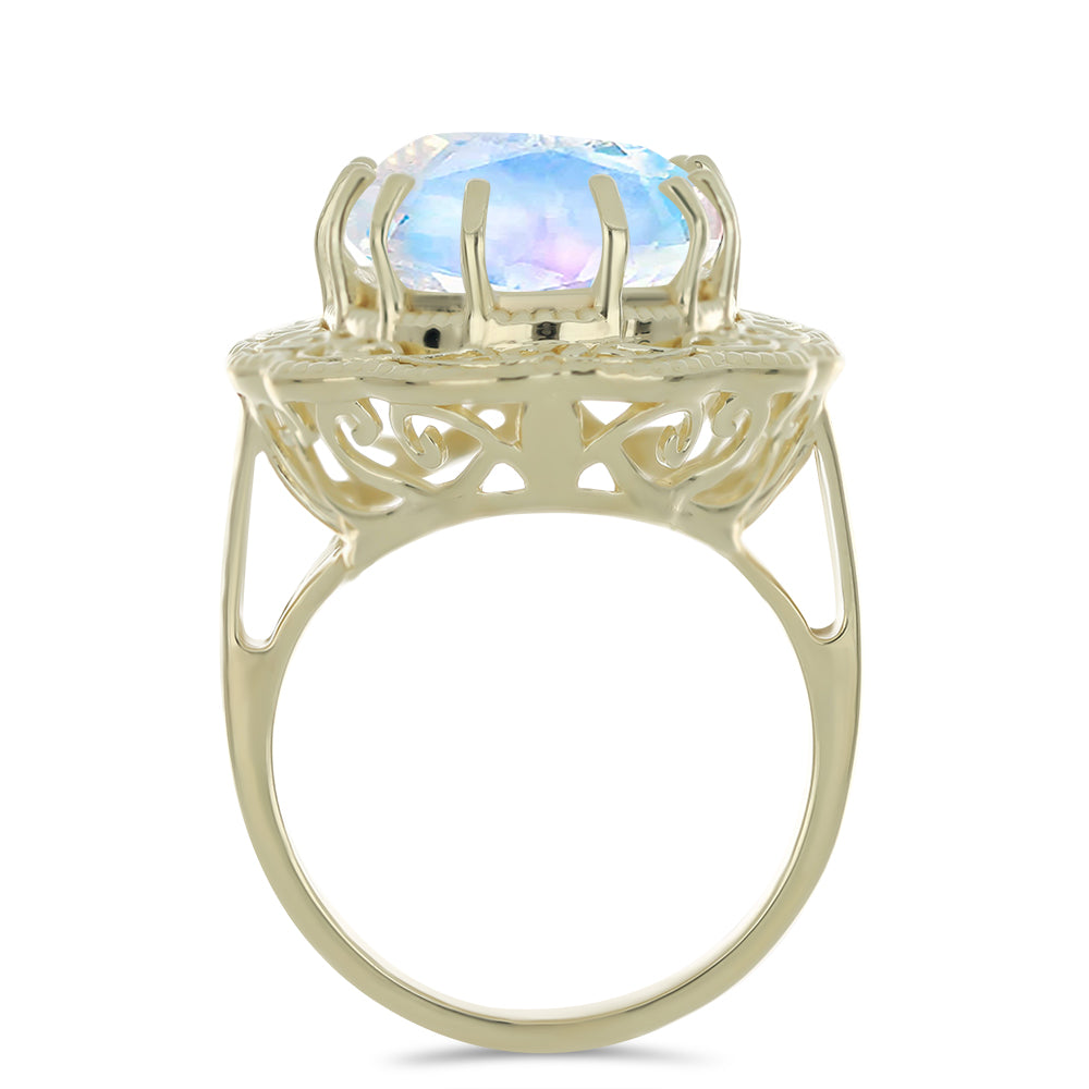 Pozlátený Strieborný Prsteň s Dúhovým Mesačným Kameňom