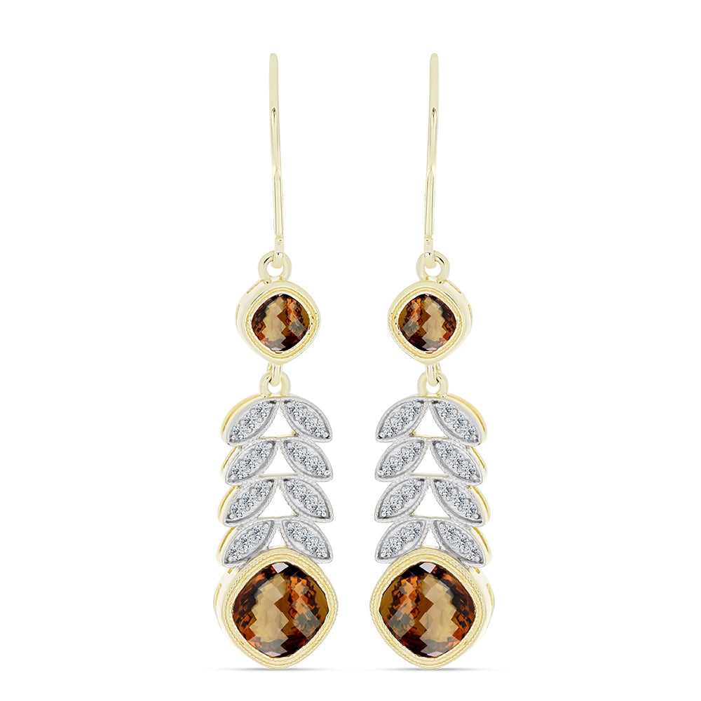 Pozlátené Strieborné Náušnice s Koňakovým Kremeňom a Bielym Topásom