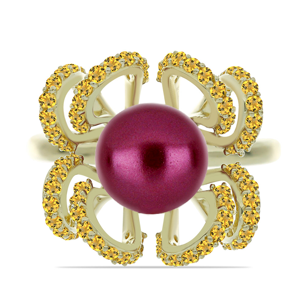 Pozlátený Strieborný Prsteň s so Fialová Sladkovodnou Perlou a Uralským Citrínom 1 