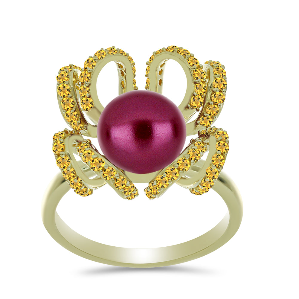 Pozlátený Strieborný Prsteň s so Fialová Sladkovodnou Perlou a Uralským Citrínom 3 