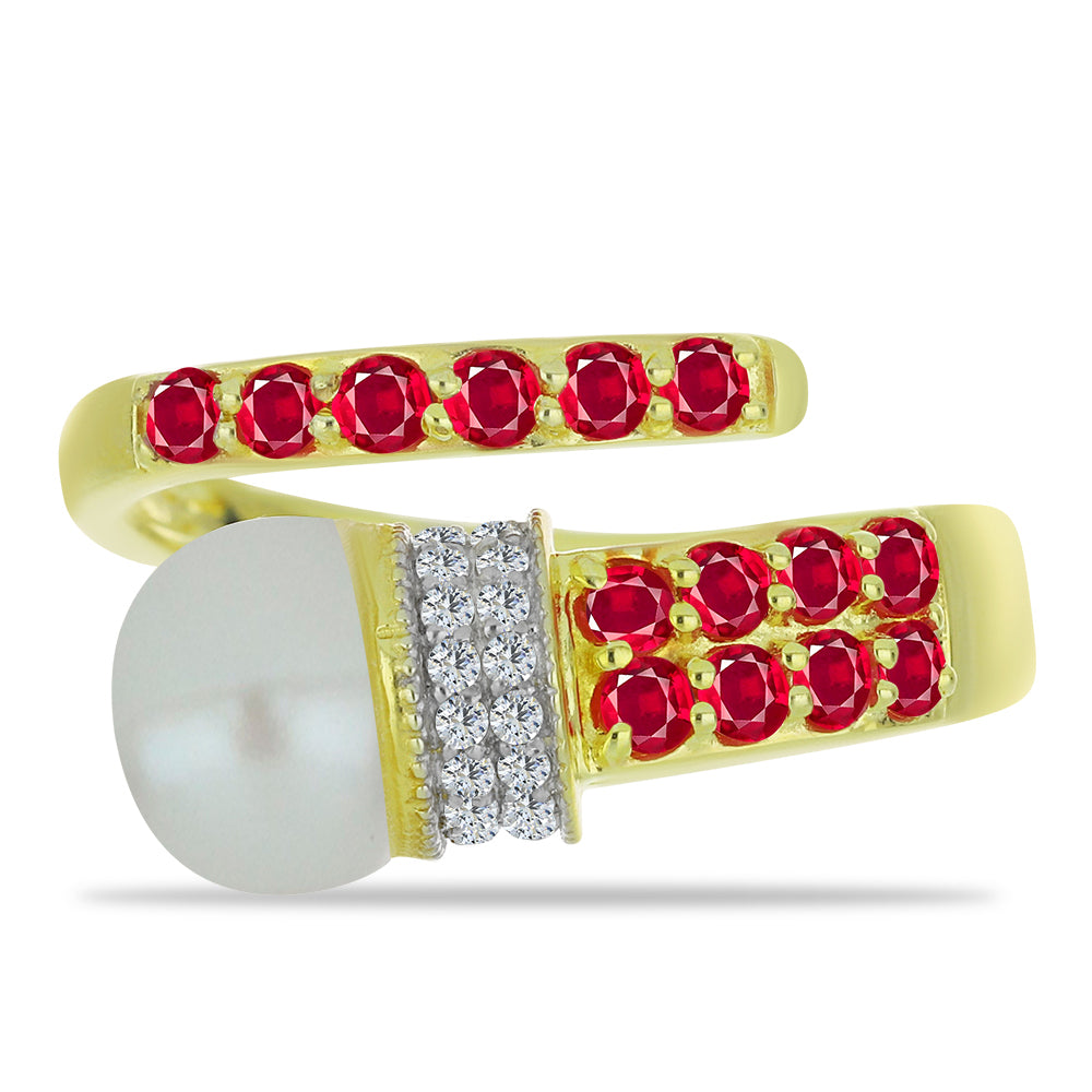 Pozlátený Strieborný Prsteň s so Sladkovodnou Bielou Perlou a Madagaskarským Rubínom 1 