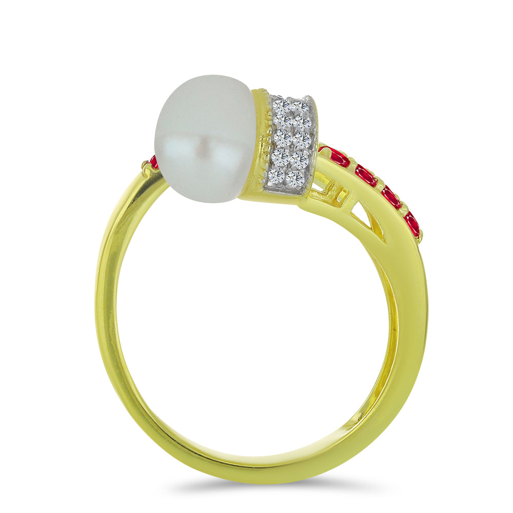 Pozlátený Strieborný Prsteň s so Sladkovodnou Bielou Perlou a Madagaskarským Rubínom 2 