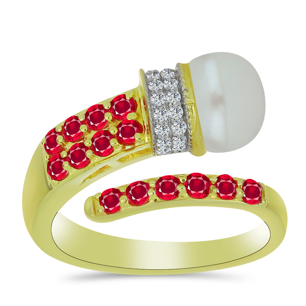 Pozlátený Strieborný Prsteň s so Sladkovodnou Bielou Perlou a Madagaskarským Rubínom 3 