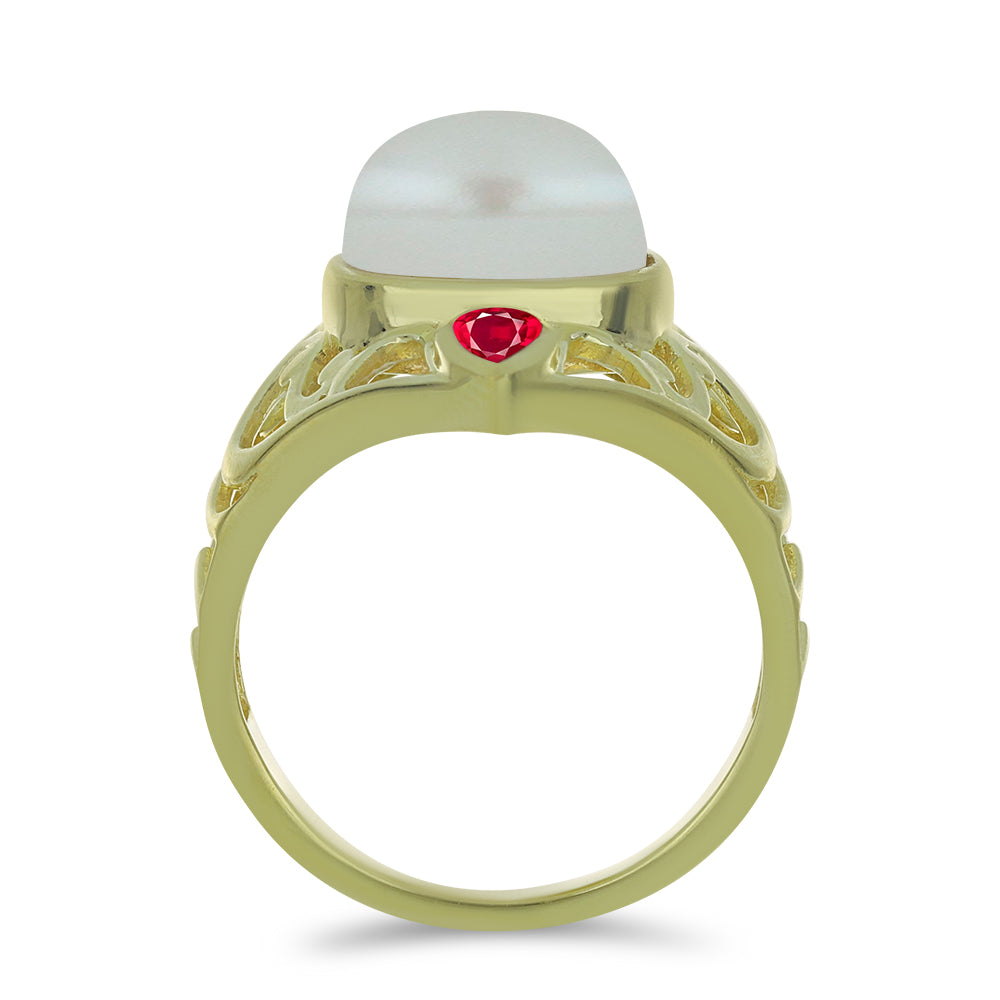 Pozlátený Strieborný Prsteň s so Sladkovodnou Bielou Perlou a Madagaskarským Rubínom