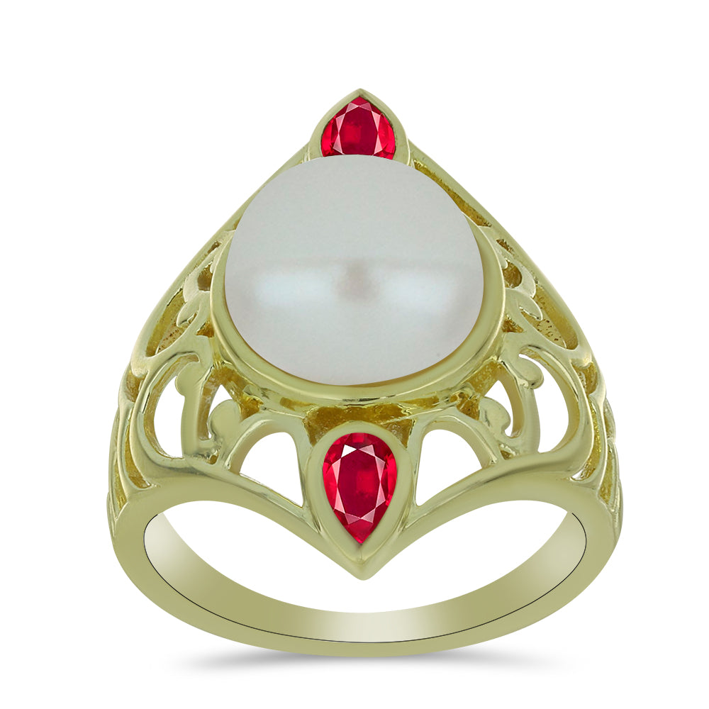 Pozlátený Strieborný Prsteň s so Sladkovodnou Bielou Perlou a Madagaskarským Rubínom