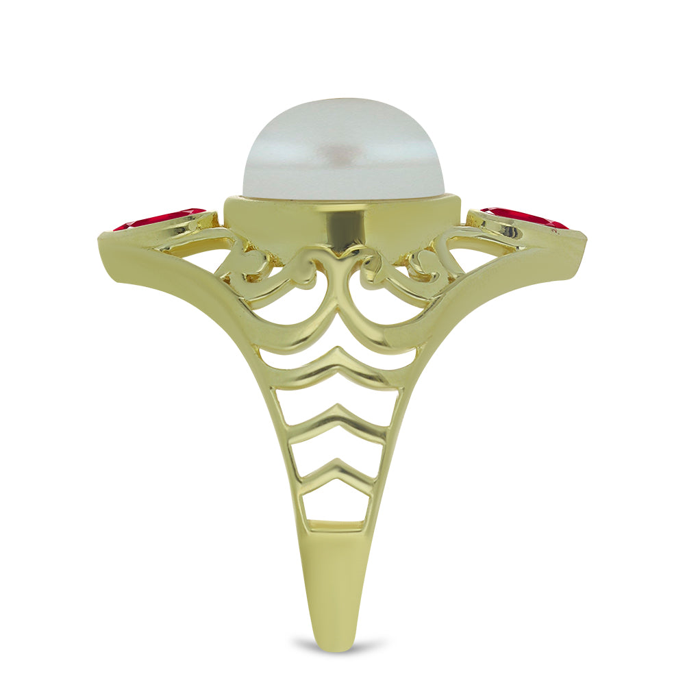 Pozlátený Strieborný Prsteň s so Sladkovodnou Bielou Perlou a Madagaskarským Rubínom 4 