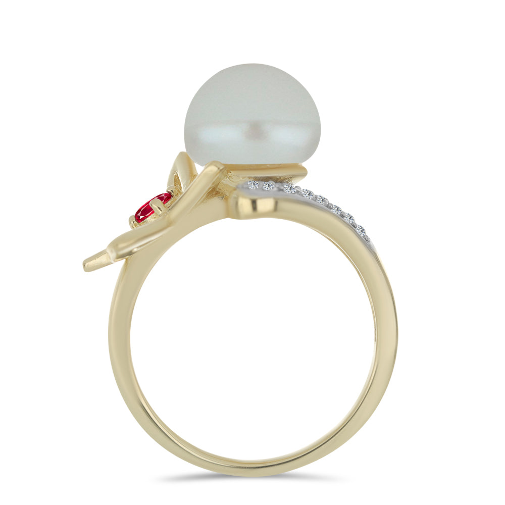 Pozlátený Strieborný Prsteň s so Sladkovodnou Bielou Perlou a Madagaskarským Rubínom