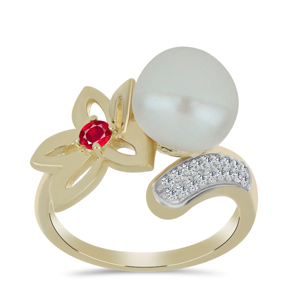 Pozlátený Strieborný Prsteň s so Sladkovodnou Bielou Perlou a Madagaskarským Rubínom
