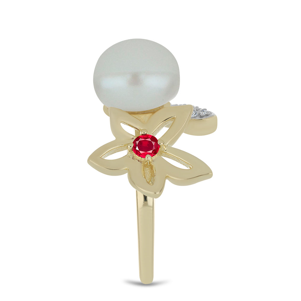 Pozlátený Strieborný Prsteň s so Sladkovodnou Bielou Perlou a Madagaskarským Rubínom 4 