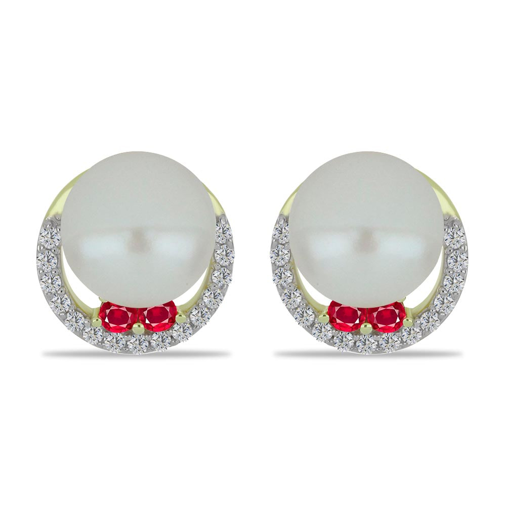 Pozlátené Strieborné Náušnice s so Sladkovodnou Bielou Perlou a Madagaskarským Rubínom