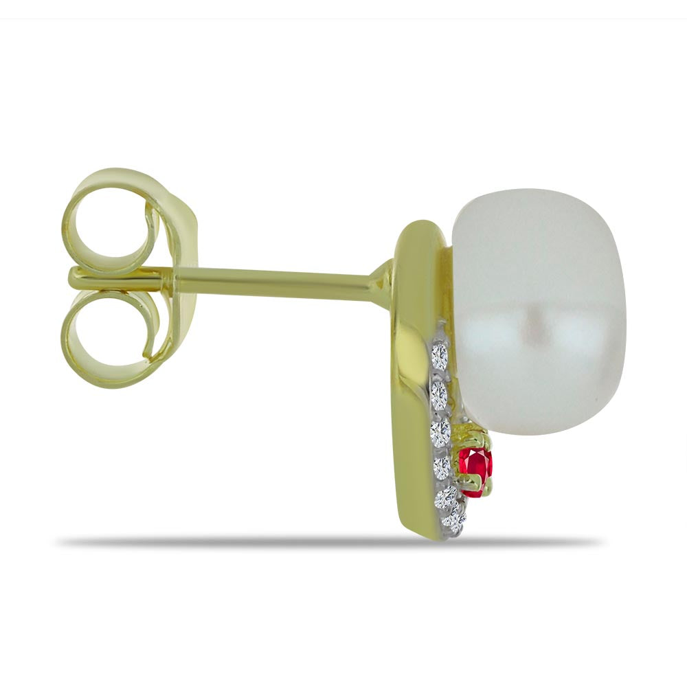 Pozlátené Strieborné Náušnice s so Sladkovodnou Bielou Perlou a Madagaskarským Rubínom 2 