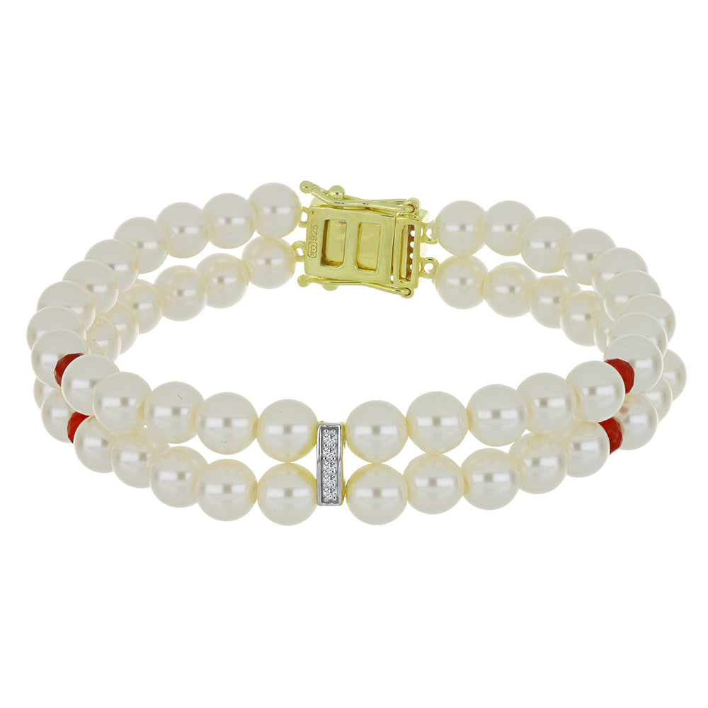 Pozlátený Strieborný Náramok s so Sladkovodnou Bielou Perlou a Madagaskarským Rubínom