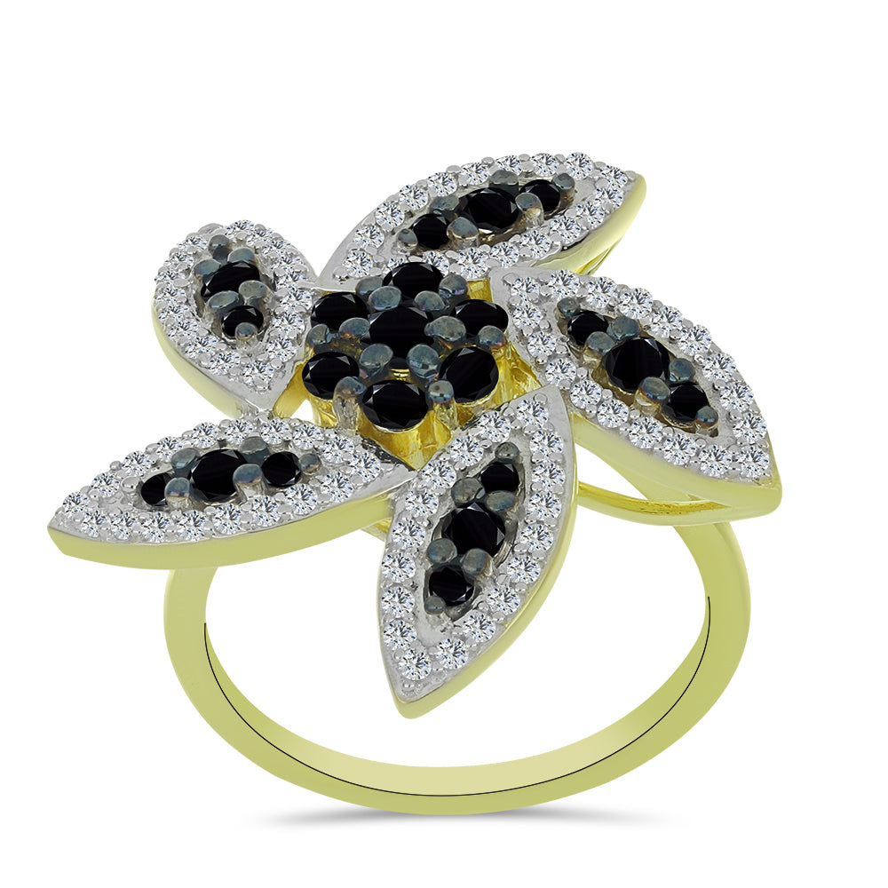 Pozlátený Strieborný Prsteň s Čiernym Spinelom a Bielym Topásom