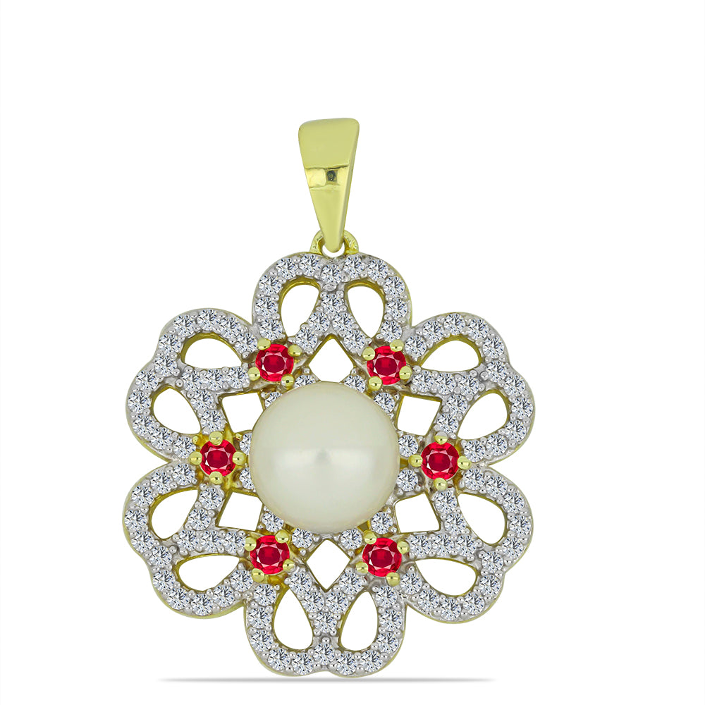 Pozlátený Strieborný Prívesok s so Sladkovodnou Bielou Perlou a Madagaskarským Rubínom 1 