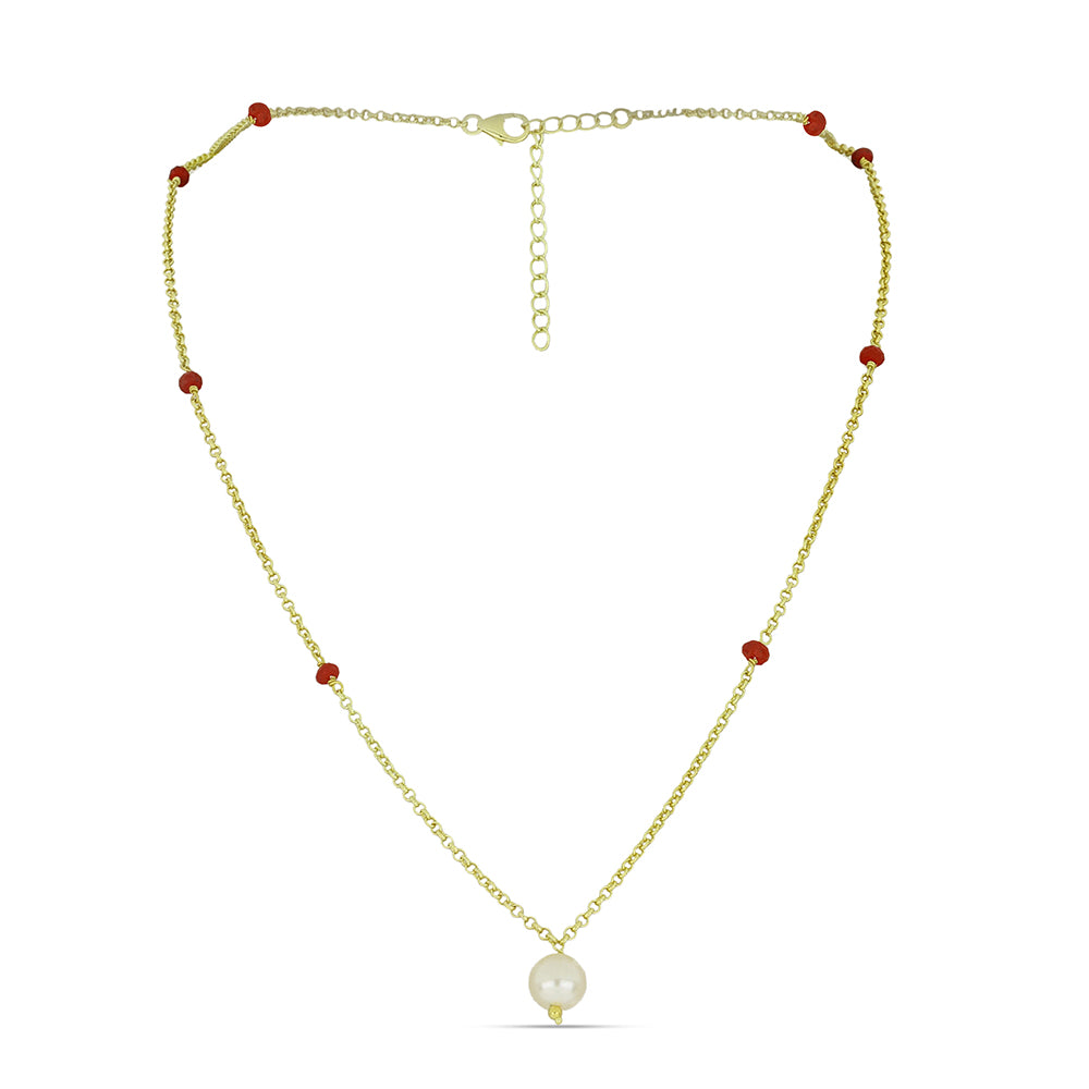 Pozlátený Strieborný Náhrdelník s so Sladkovodnou Bielou Perlou a Madagaskarským Rubínom 1 