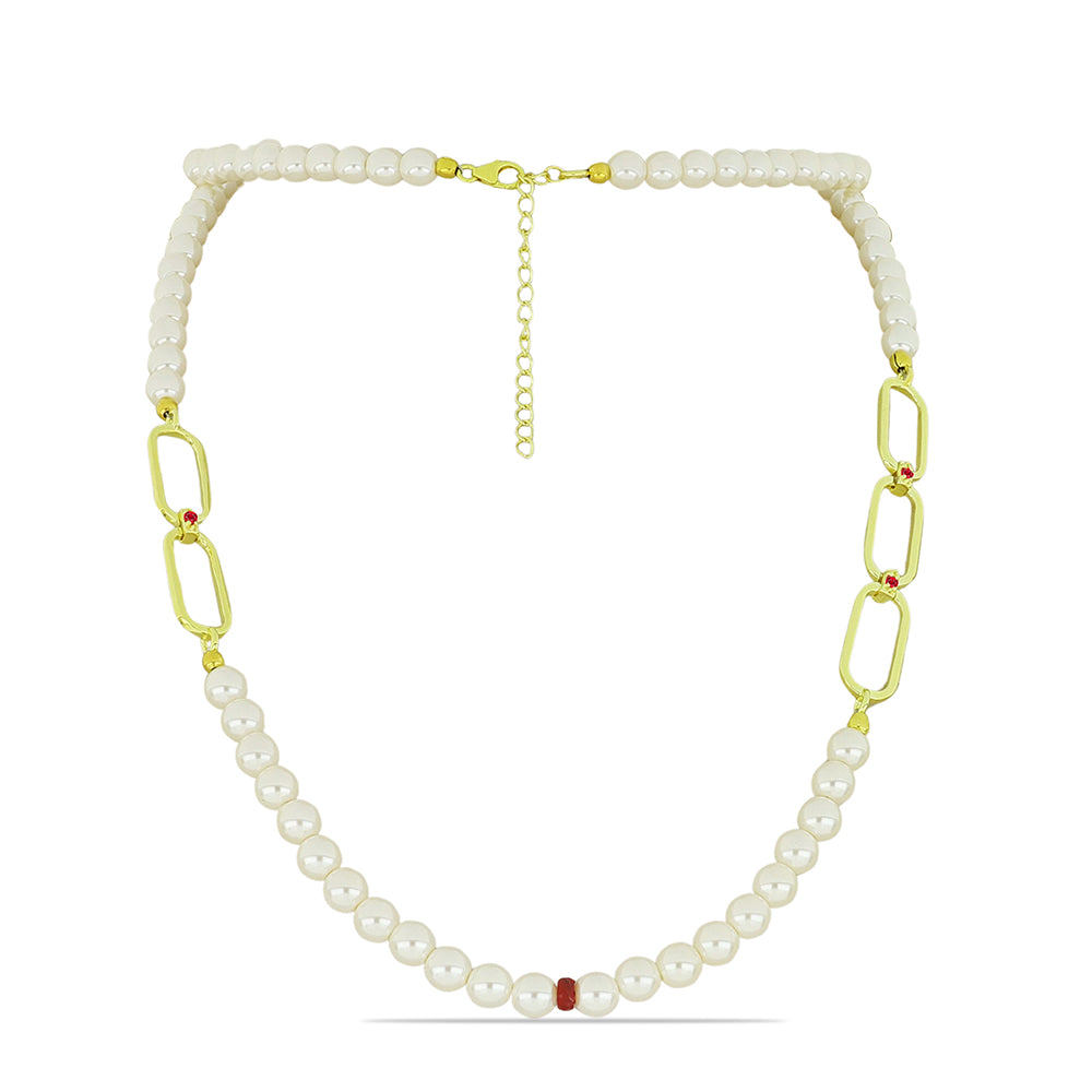 Pozlátené Strieborné Sada s so Sladkovodnou Bielou Perlou a Madagaskarským Rubínom ( Náhrdelník+Náušnice+Náramok ) 2 