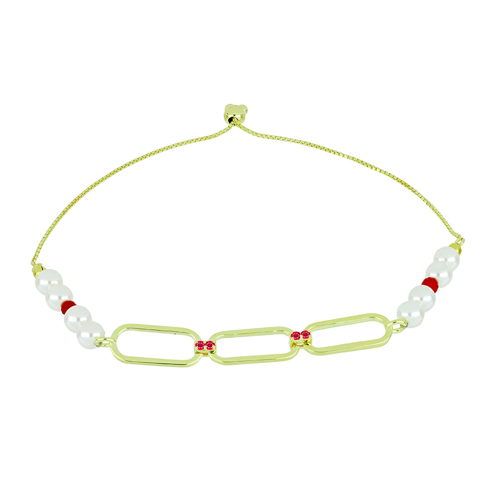 Pozlátené Strieborné Sada s so Sladkovodnou Bielou Perlou a Madagaskarským Rubínom ( Náhrdelník+Náušnice+Náramok )