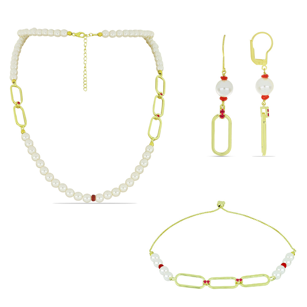 Pozlátené Strieborné Sada s so Sladkovodnou Bielou Perlou a Madagaskarským Rubínom ( Náhrdelník+Náušnice+Náramok ) 1 