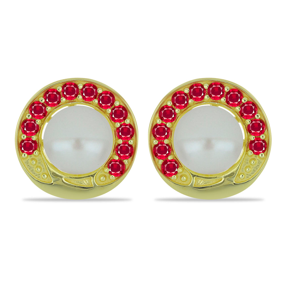 Pozlátené Strieborné Náušnice s so Sladkovodnou Bielou Perlou a Madagaskarským Rubínom