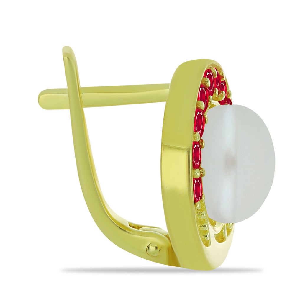 Pozlátené Strieborné Náušnice s so Sladkovodnou Bielou Perlou a Madagaskarským Rubínom 2 