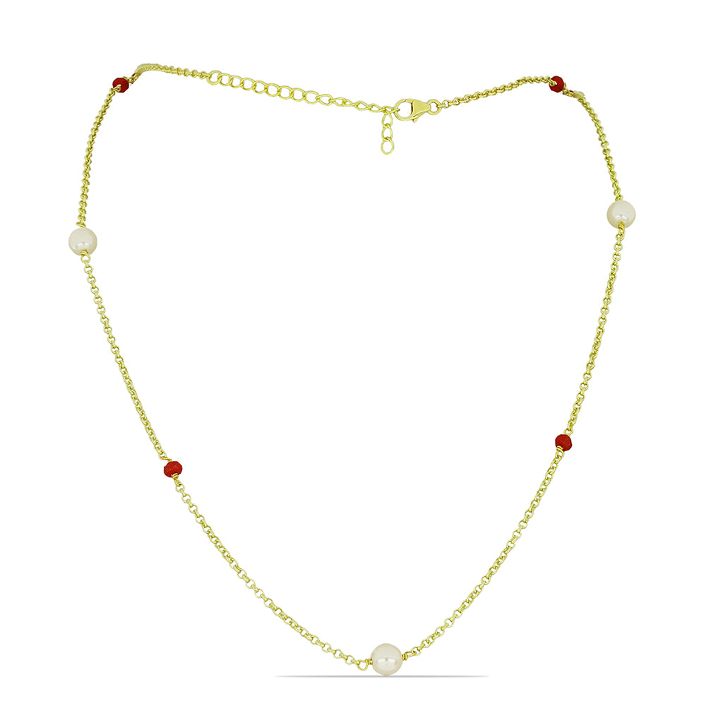 Pozlátený Strieborný Náhrdelník s so Sladkovodnou Bielou Perlou a Madagaskarským Rubínom
