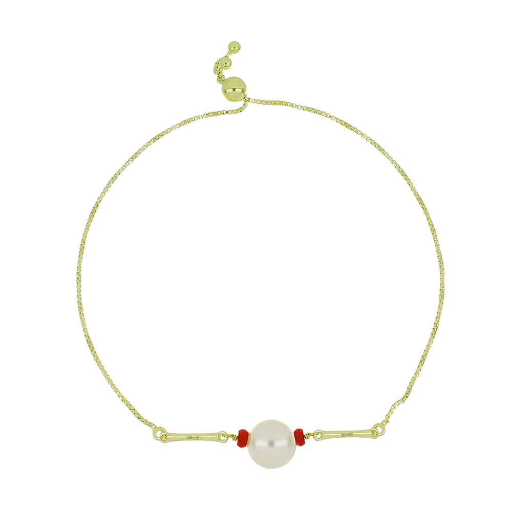 Pozlátený Strieborný Náramok s so Sladkovodnou Bielou Perlou a Madagaskarským Rubínom