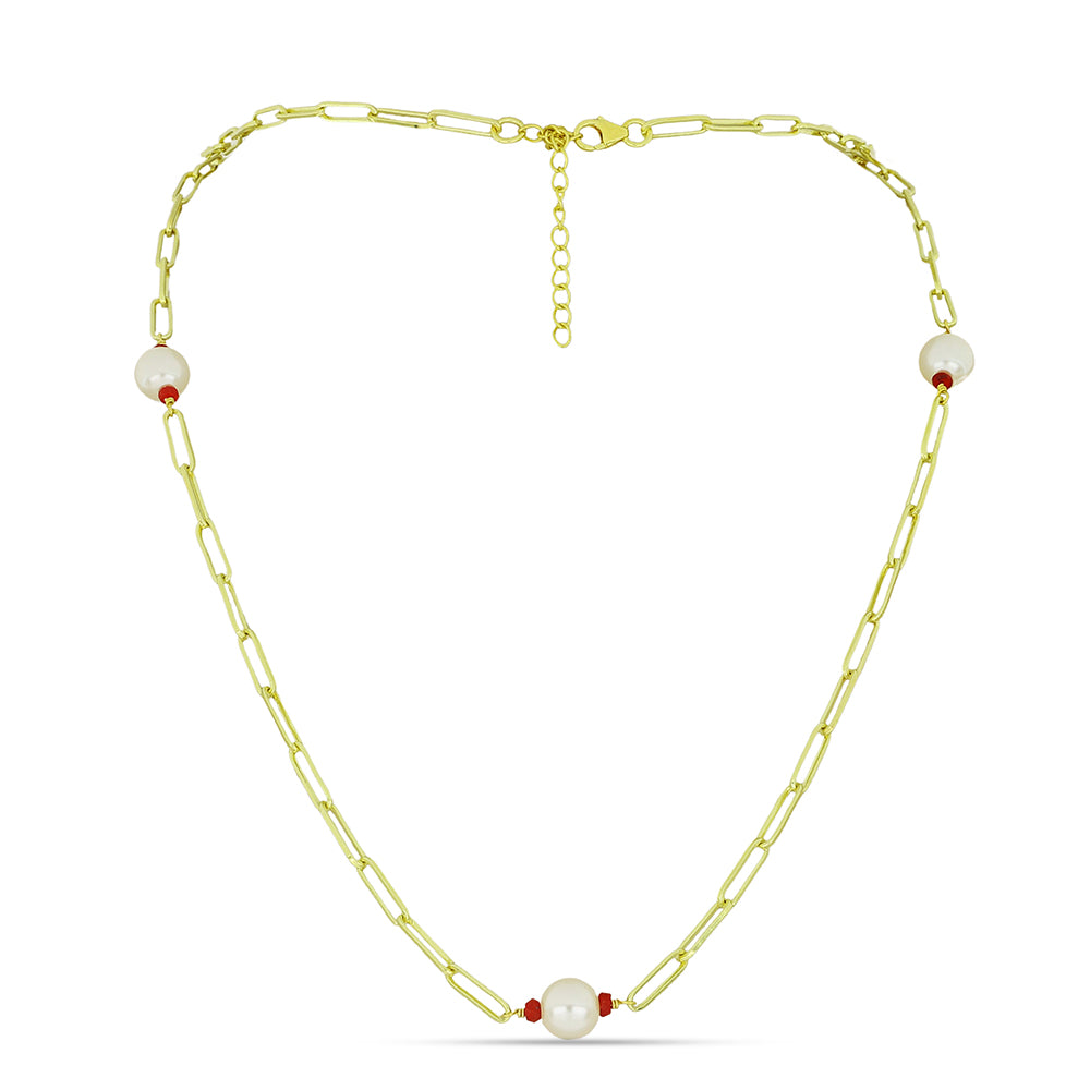 Pozlátený Strieborný Náhrdelník s so Sladkovodnou Bielou Perlou a Madagaskarským Rubínom 1 
