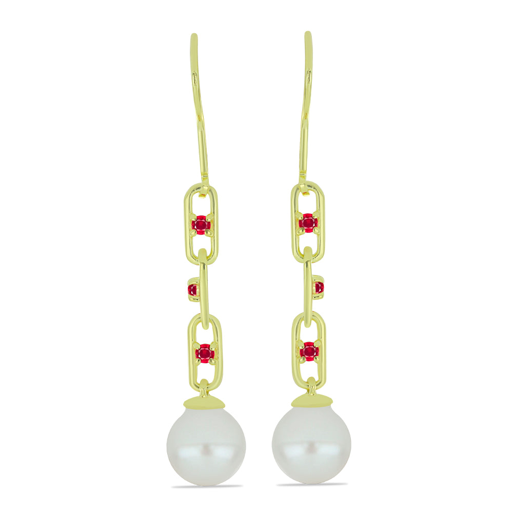 Pozlátené Strieborné Náušnice s so Sladkovodnou Bielou Perlou a Madagaskarským Rubínom