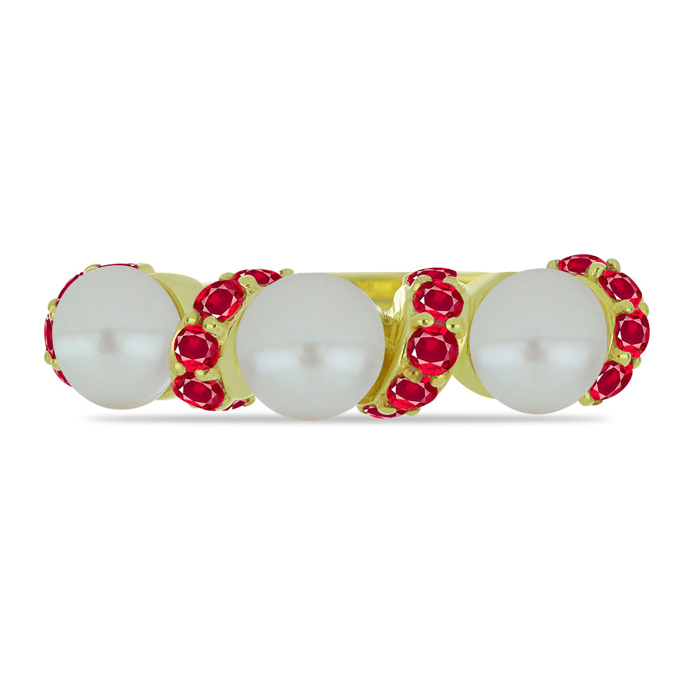 Pozlátený Strieborný Prsteň s so Sladkovodnou Bielou Perlou a Madagaskarským Rubínom 1 